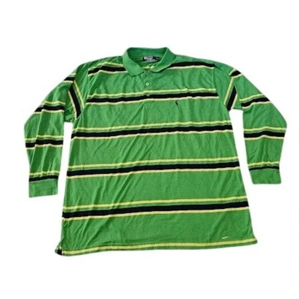 Vintage Polo Ralph Lauren Polo Shirt Mens 3XL Green Striped Long Sleeve Rugby
